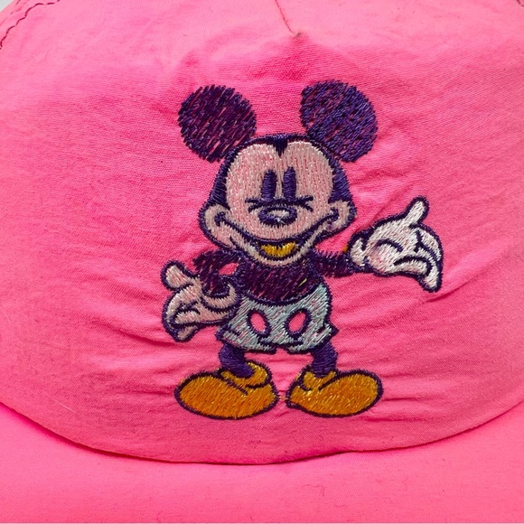 Vintage Disney Embroidered Mickey Mouse Baseball Hat 80s Unisex Flourescent Pink - Picture 2 of 6